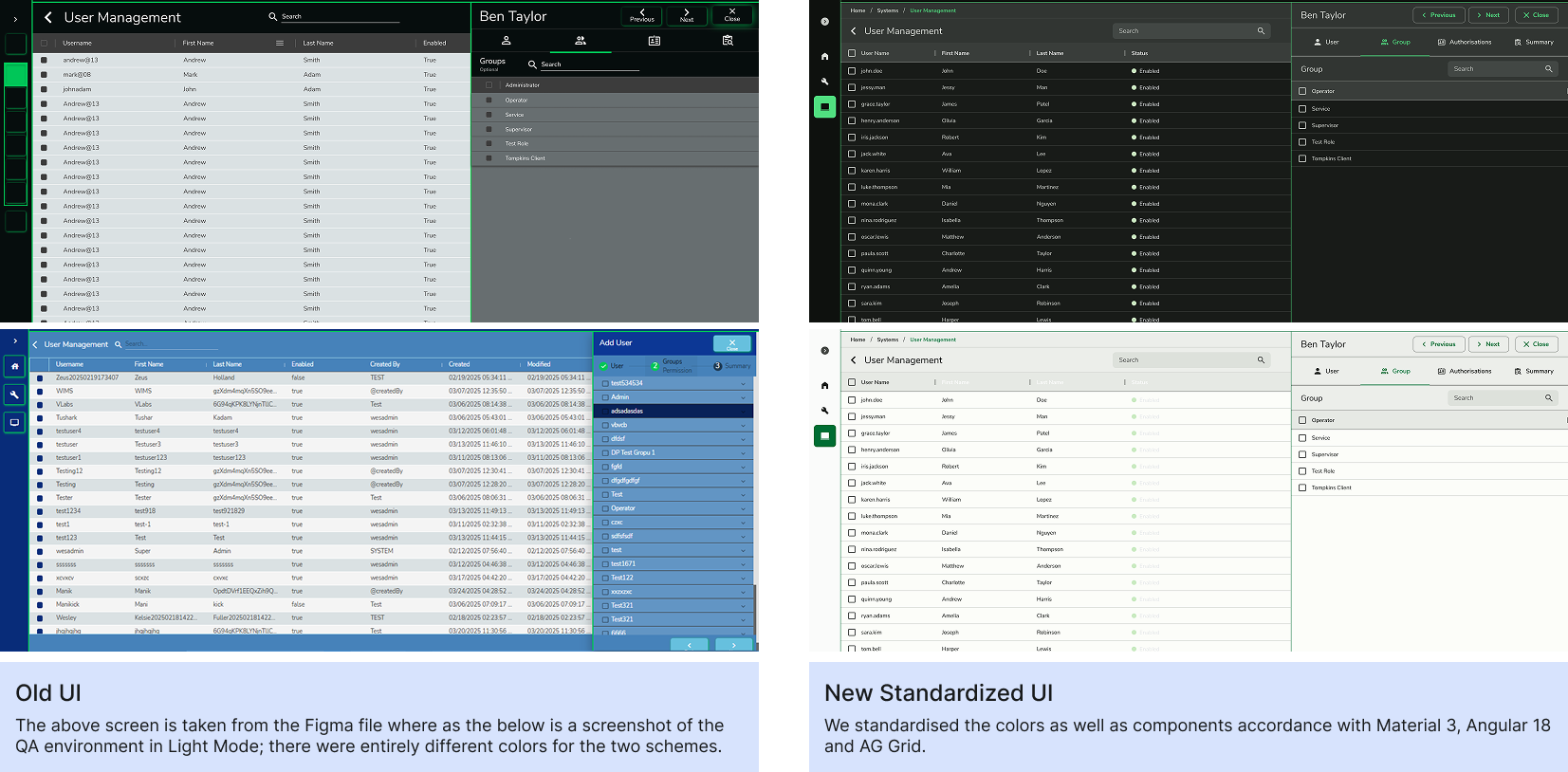 Old UI vs New Standardised UI - Tables Comparison