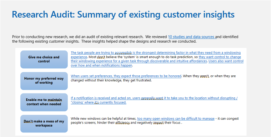 Research audit summary of customer insights