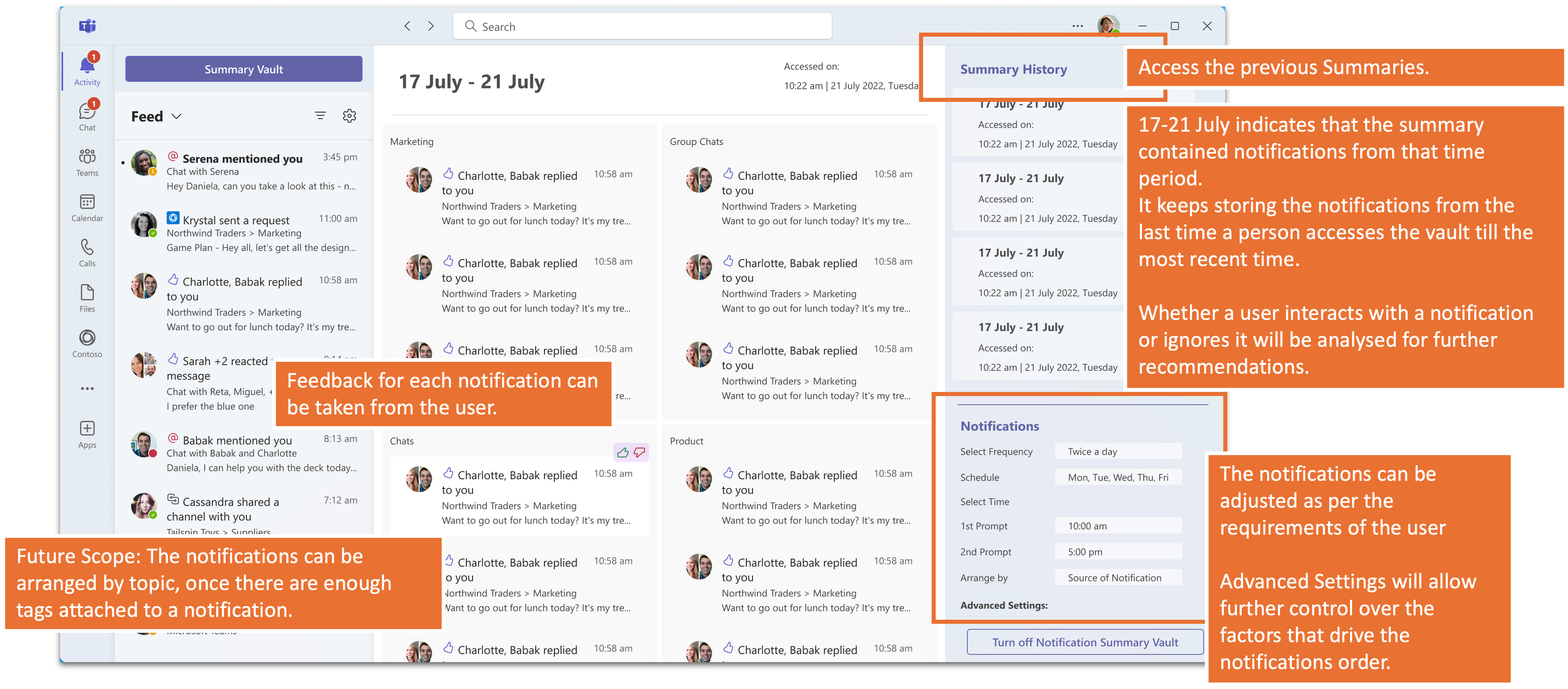 Notification vault interface with summary history